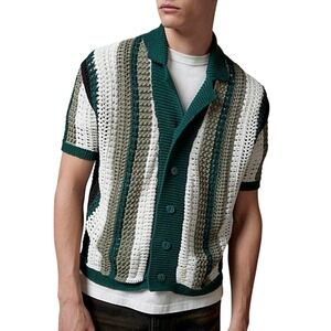 BDG Urban Outfitters Striped Crochet Button Short Sleeve Sweater Green Large